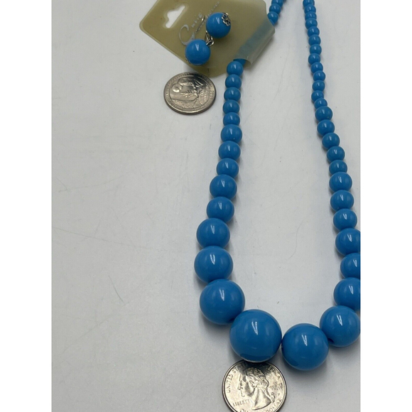 Blue Vintage Graduated Round Bead Necklace Earrings 17" - 18.5" Retro NOS - Picture 4 of 4
